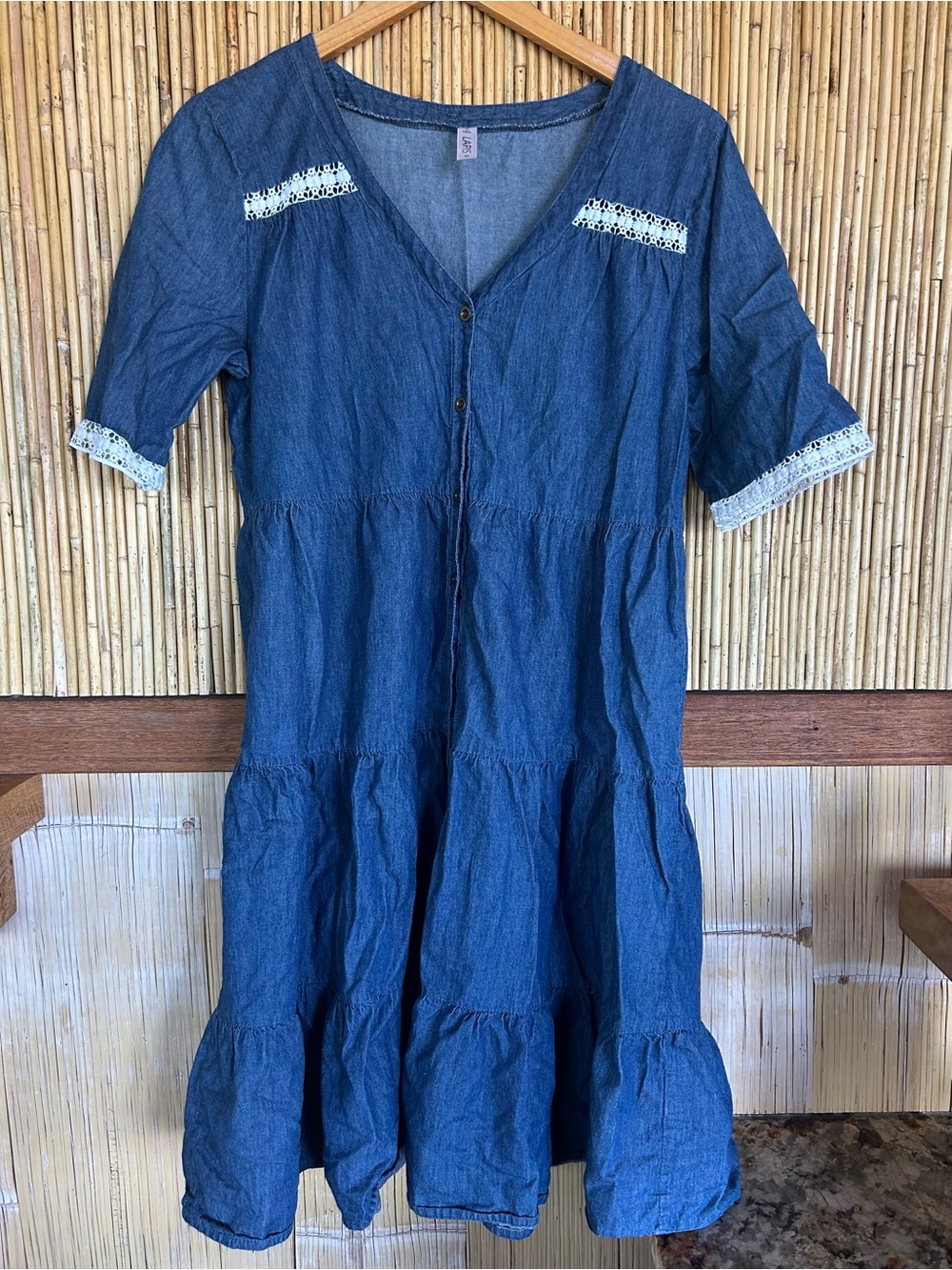 Anthropologie Lapis Blue Midi Chambray Dress Med Lace Trim Western Boho Cottage